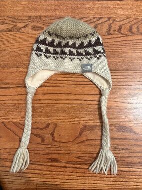 The North Face Earflap Knit Hat in Cream and Brown